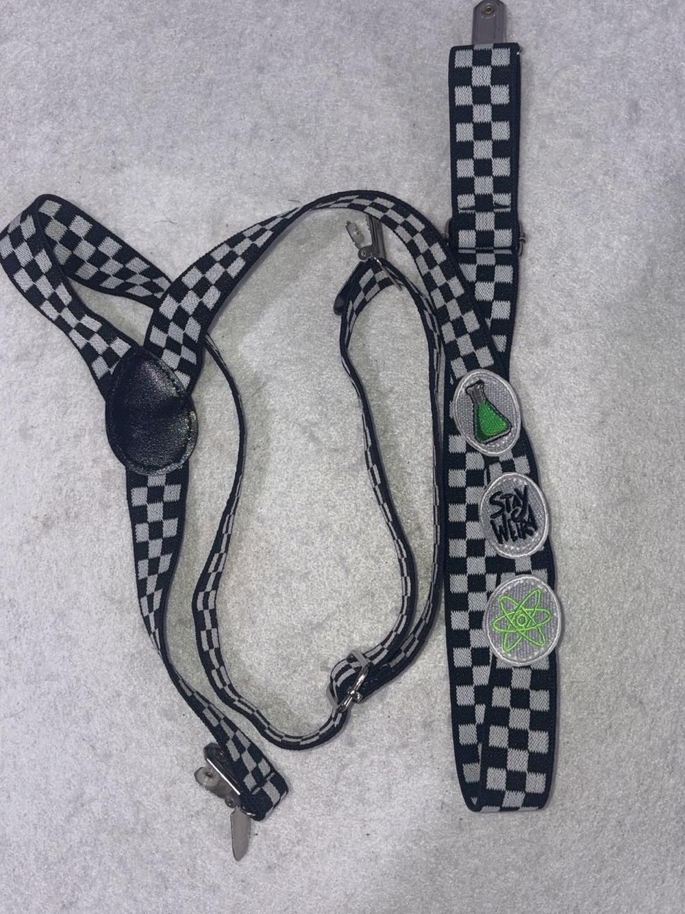 Black & White Checkerboard Suspenders with Science Badge Accents
